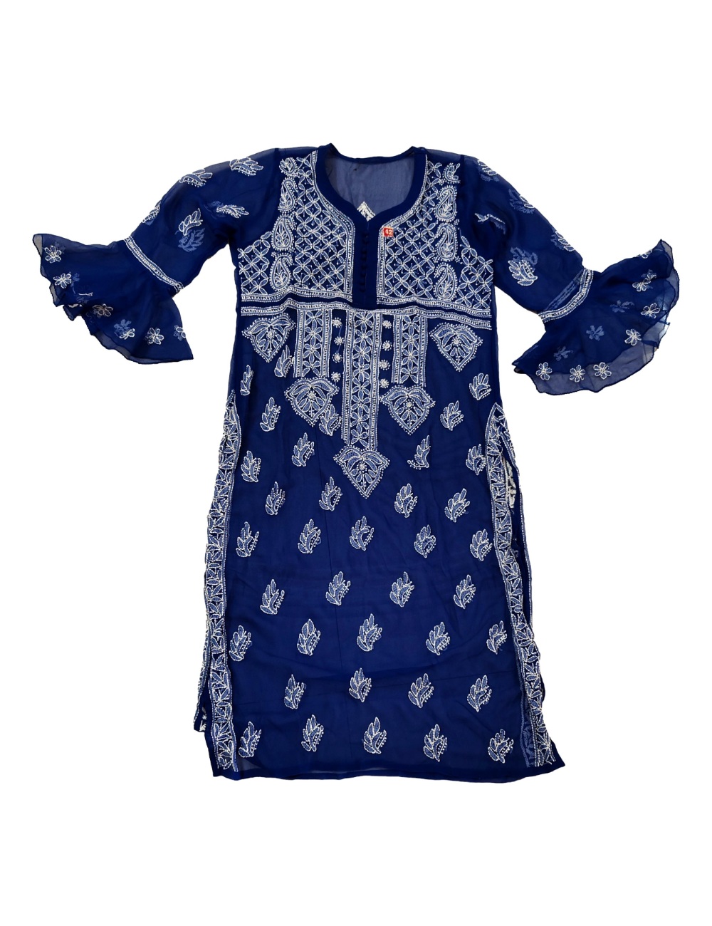 Women's Chiffon Hand Embroidered Chikankari straight kurta - Blue - Image 6