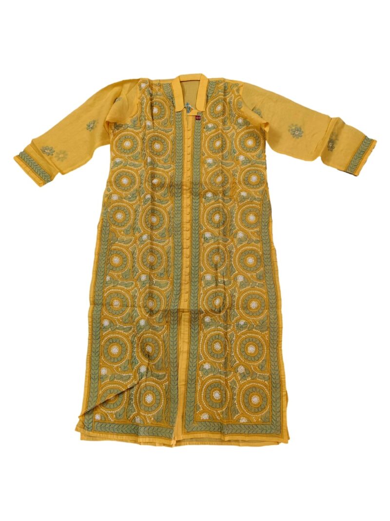 Women's Cotton Hand Embroidered Chikankari Straight Front Slit Kurta - Yellow