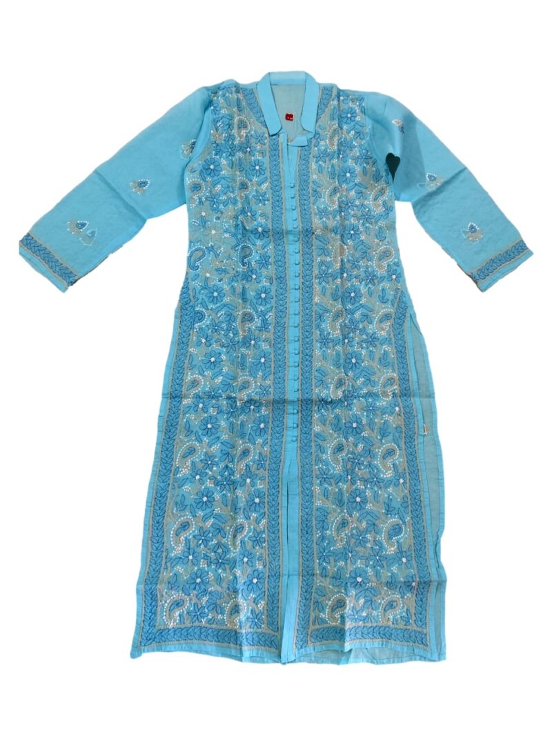 Women's Cotton Hand Embroidered Chikankari Straight Front Slit Kurta - Blue
