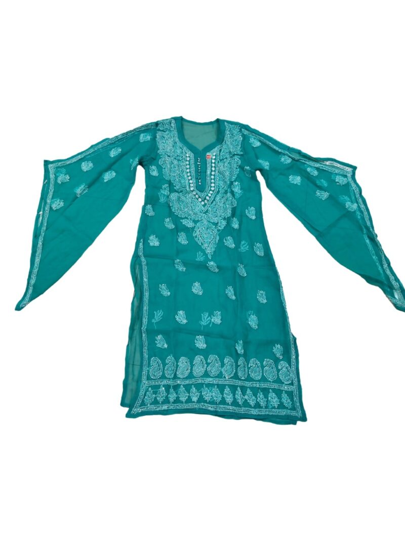 Women's Chiffon Hand Embroidered Chikankari straight kurta  - Green