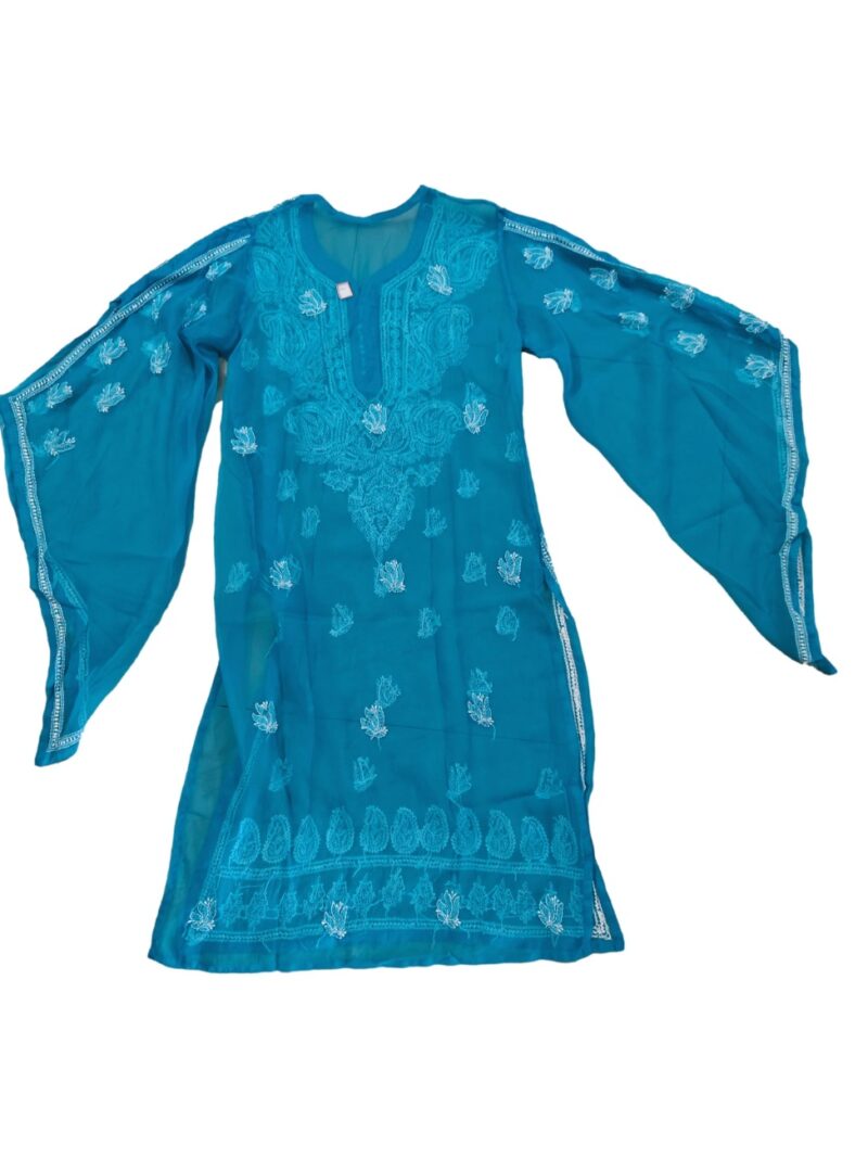 Women's Chiffon Hand Embroidered Chikankari straight kurta  - Blue