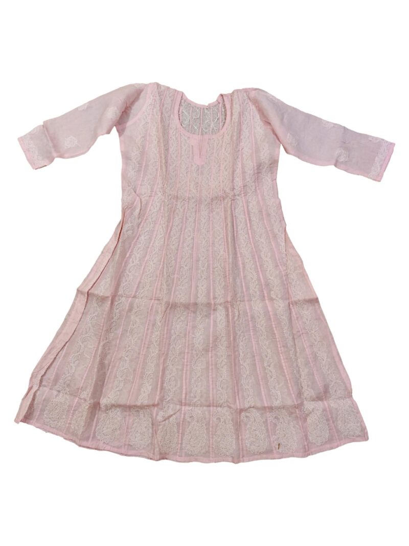 Women's Cotton Hand Embroidered Chikankari Kalidaar Kurta - Pink