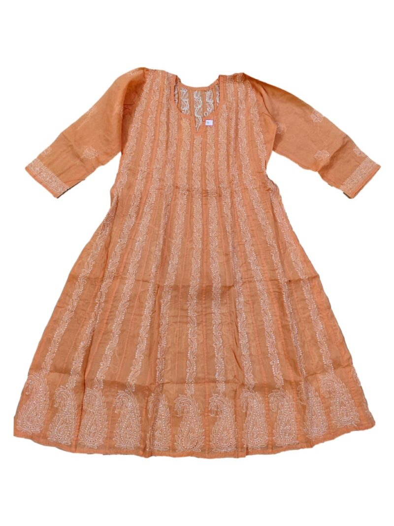 Women's Cotton Hand Embroidered Chikankari Kalidaar Kurta - Peach