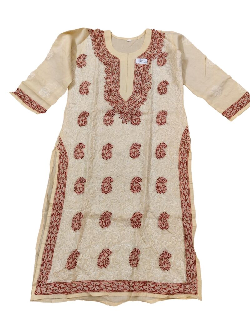 Women's Cotton Blend Hand Embroidered Chikankari Straight Kurta - Beige