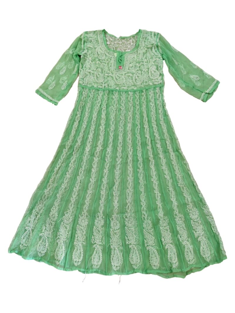Women's Chiffon Hand Embroidered Chikankari Anarkali kurta with full jaal work - Green