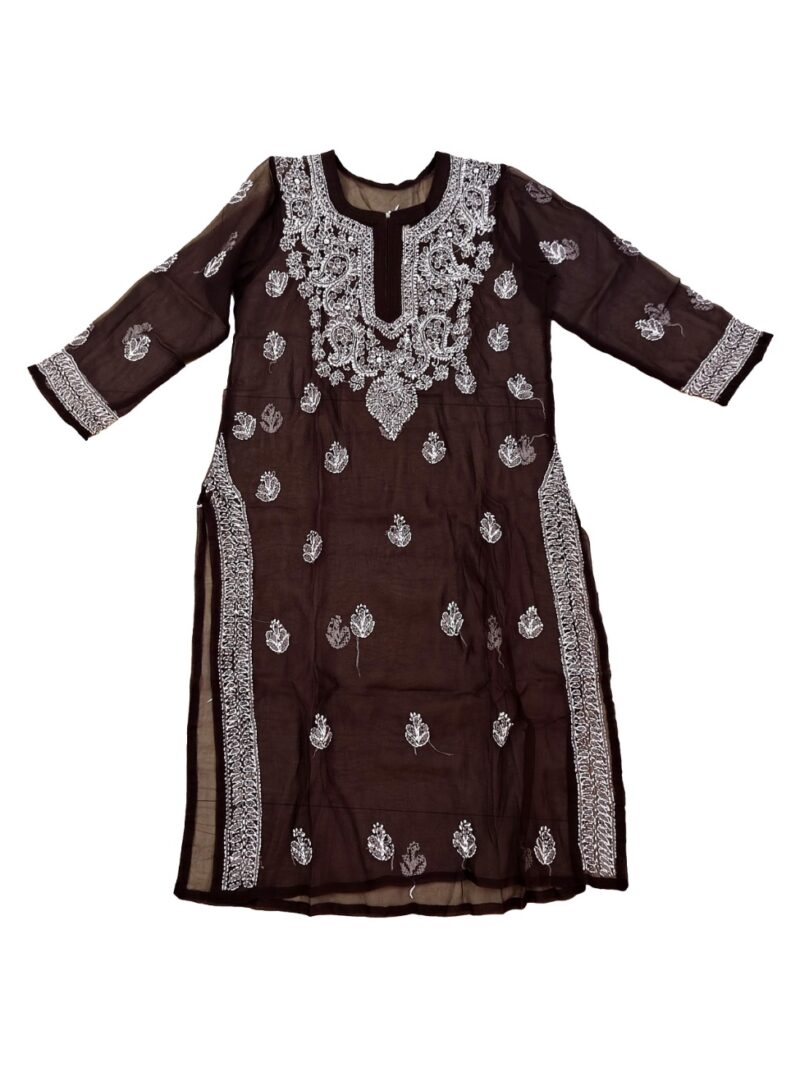 Women's Chiffon Hand Embroidered Chikankari Straight Kurta - Brown