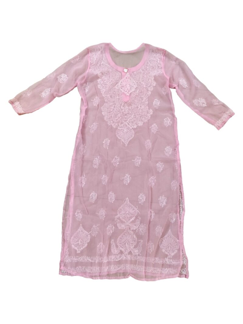 Women's Chiffon Hand Embroidered Chikankari Straight Kurta - Pink