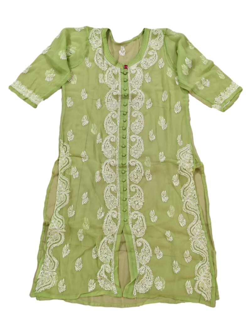 Women's Chiffon Hand Embroidered Chikankari Straight front slit kurta  - Green
