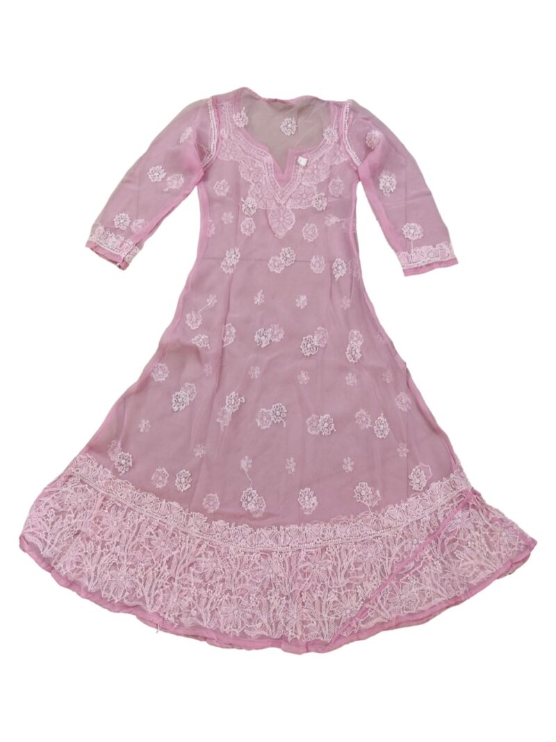 Women's Chiffon Hand Embroidered Chikankari A line kurta  - Pink