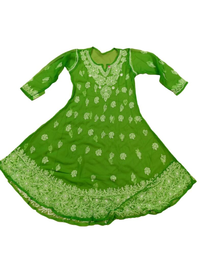 Women's Chiffon Hand Embroidered Chikankari A-line kurta  - Green