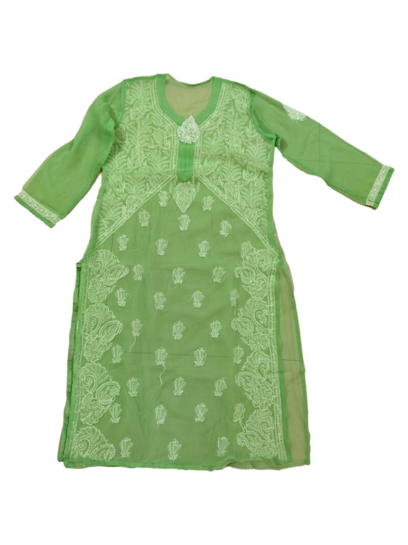 Women's Chiffon Hand Embroidered Chikankari straight kurta  - Green