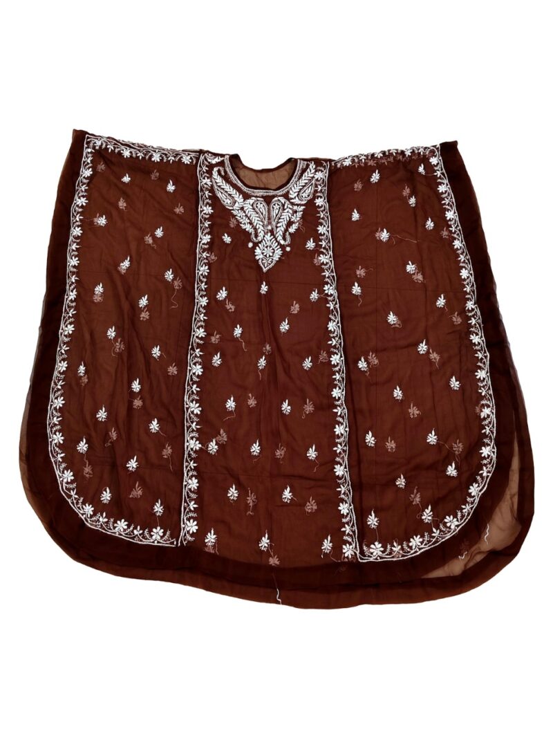 Women's Chiffon Hand Embroidered Chikankari kaftan  - Brown