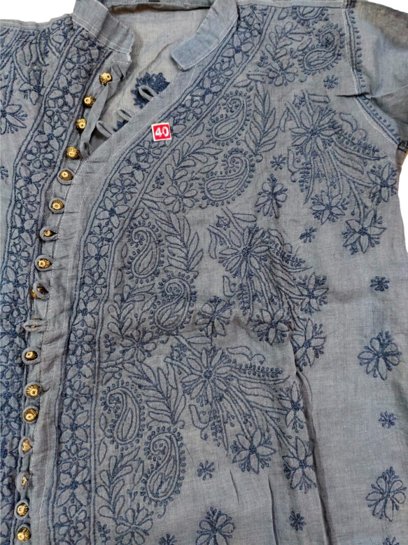 Women's Cotton Hand Embroidered Chikankari Angarkha A-Line  Kurta - Grey