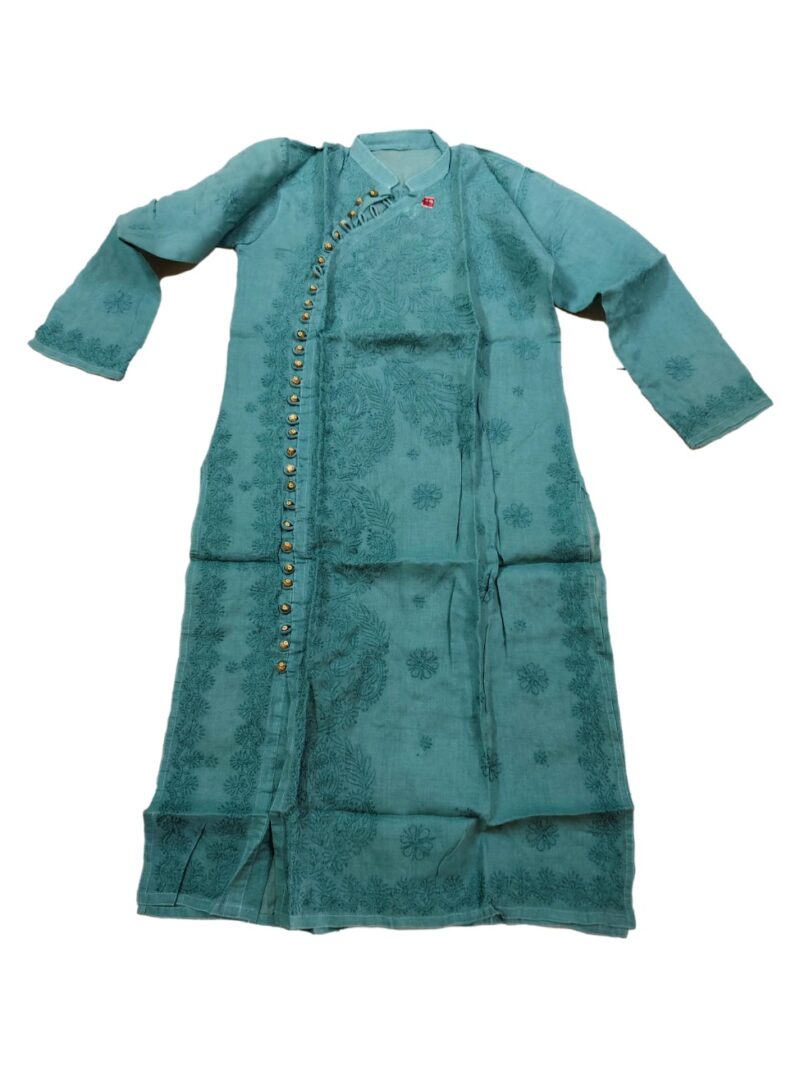 Women's Cotton Hand Embroidered Chikankari Angarkha A-Line  Kurta - Green