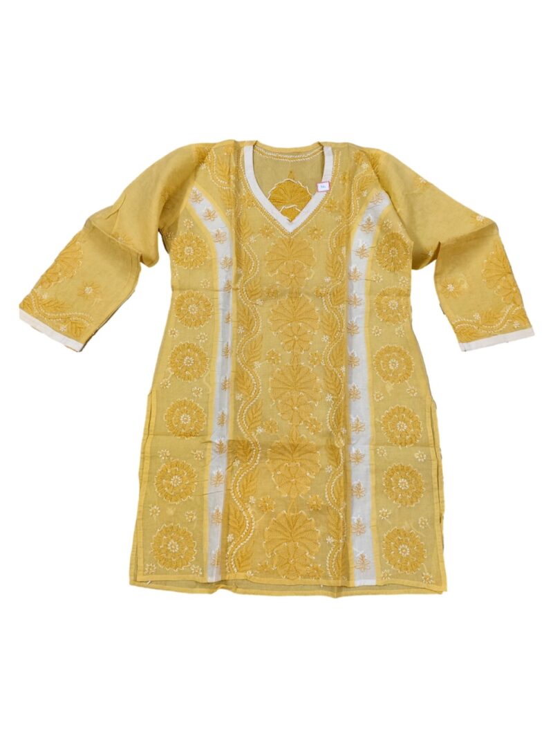 Women's Cotton Hand Embroidered Chikankari Straight Kurta - Yellow
