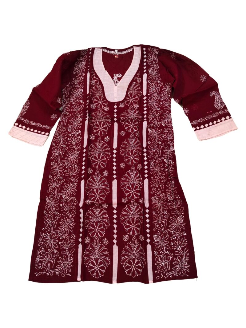 Women's Cotton Hand Embroidered Chikankari Straight Kurta - Maroon