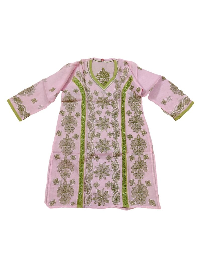 Women's Cotton Hand Embroidered Chikankari Straight Kurta - Pink
