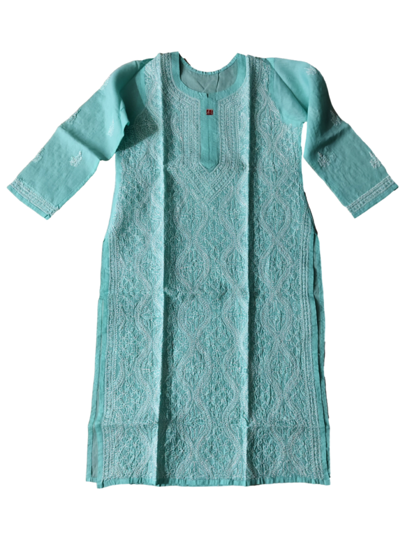 Women's Cotton Hand Embroidered Chikankari Straight Kurta - Green