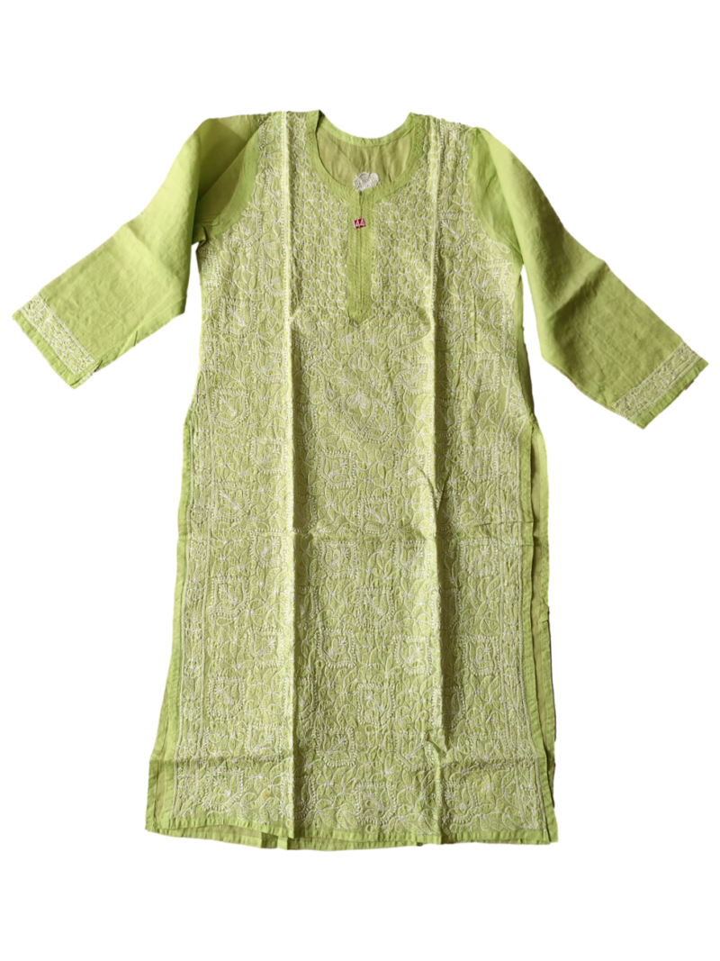 Women's Cotton Hand Embroidered Chikankari Straight Kurta - Green
