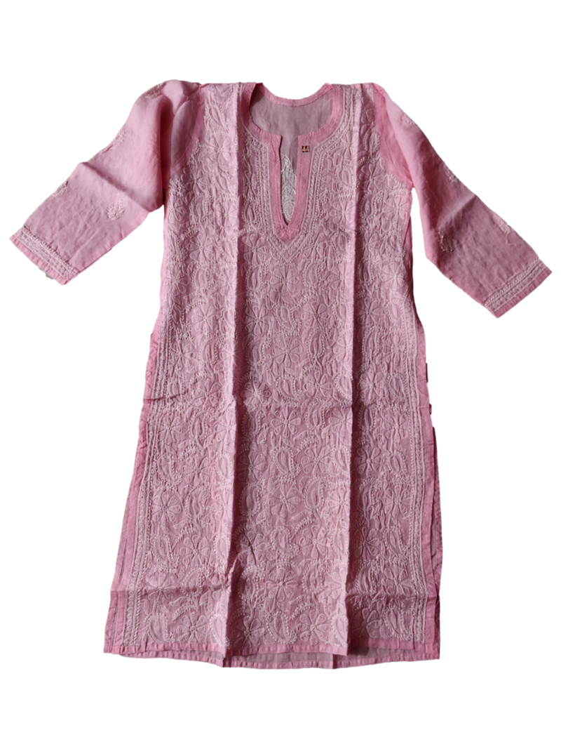 Women's Cotton Hand Embroidered Chikankari Straight Kurta - Pink