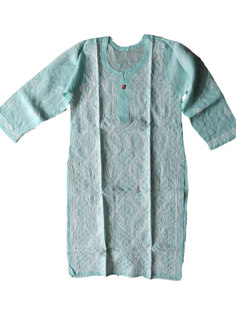 Women's Cotton Hand Embroidered Chikankari Straight Kurta - Green
