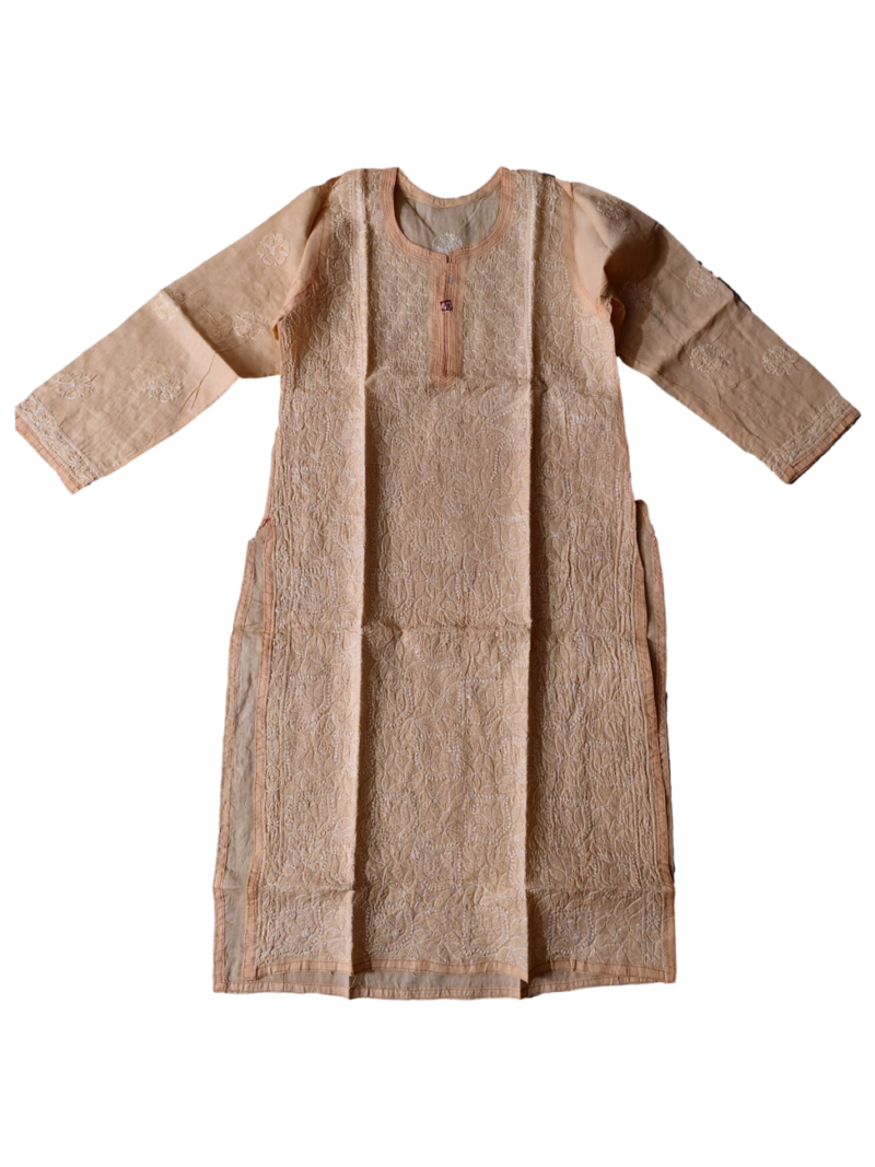 Women's Cotton Hand Embroidered Chikankari Straight Kurta - Orange