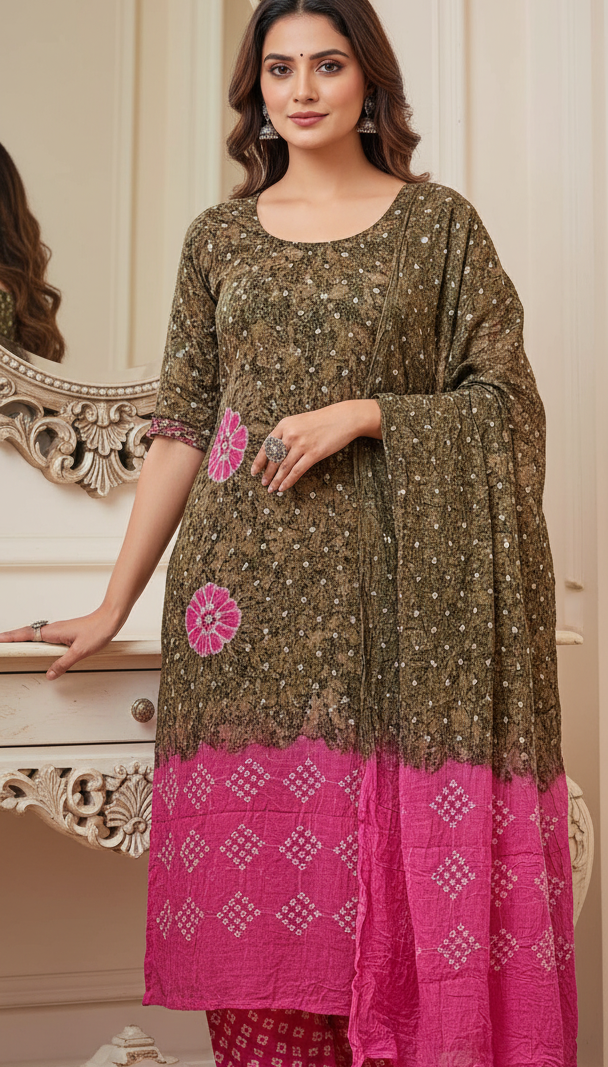 Women's Pure Cotton Rajasthani Bandhani unstitched dress material with dupatta (Pink)