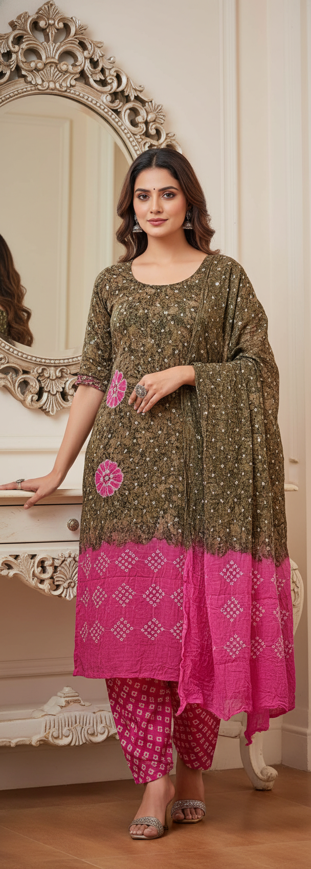 Women's Pure Cotton Rajasthani Bandhani unstitched dress material with dupatta (Pink)