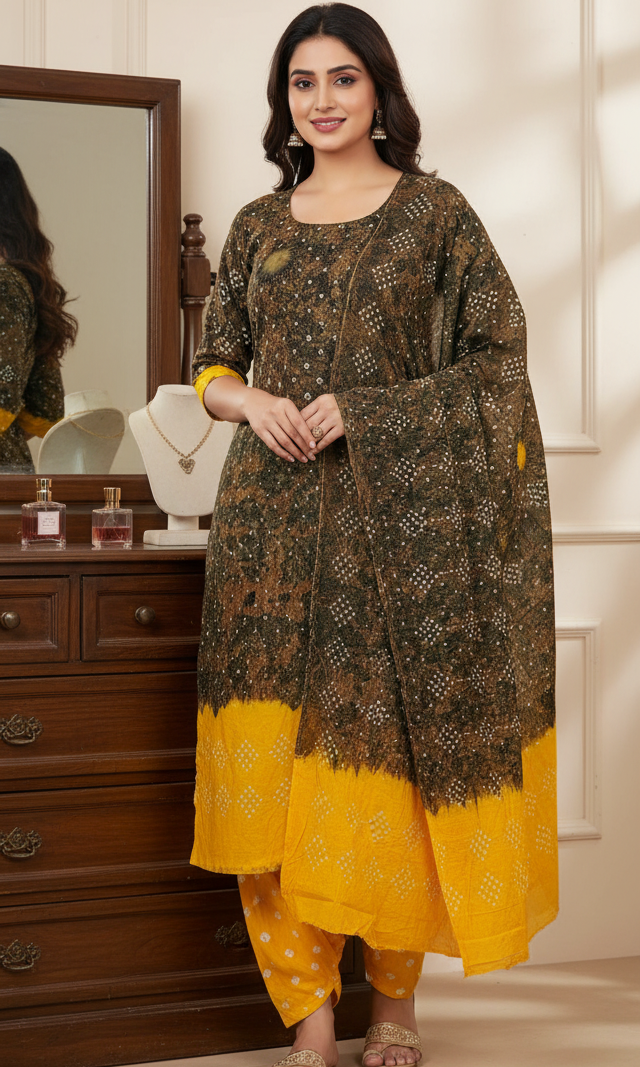 Women's Pure Cotton Rajasthani Bandhani unstitched dress material with dupatta (Yellow)