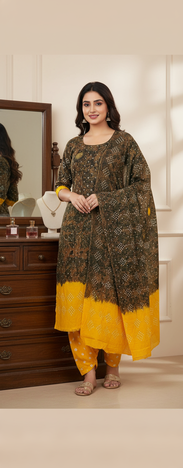 Women's Pure Cotton Rajasthani Bandhani unstitched dress material with dupatta (Yellow)