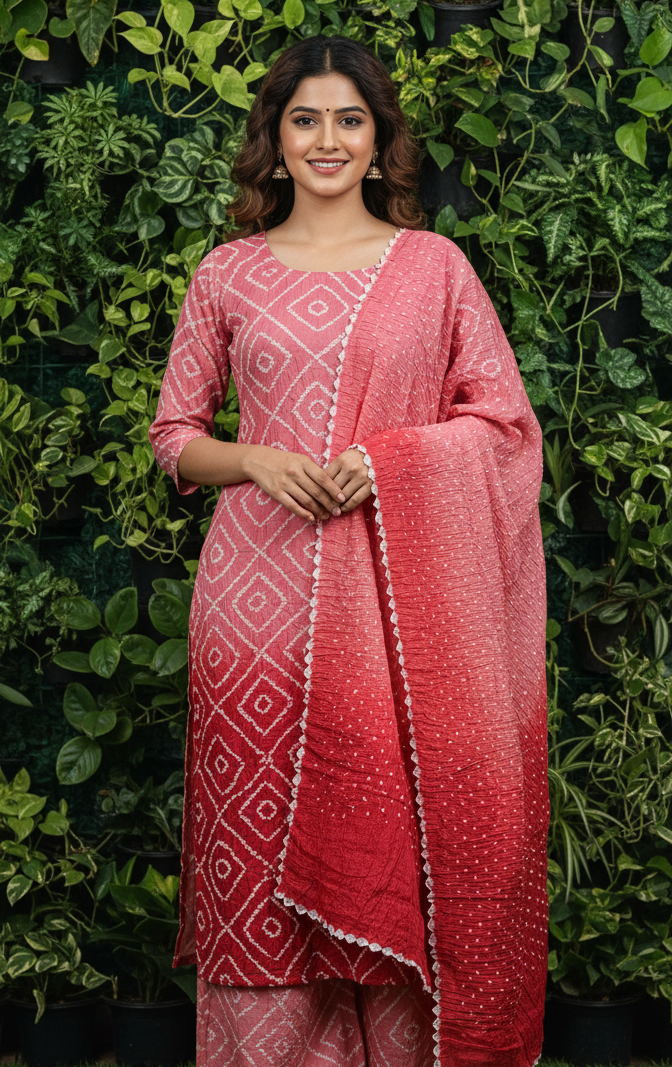 Women's Pure Cotton Rajasthani Bandhani unstitched dress material with dupatta (Peach)