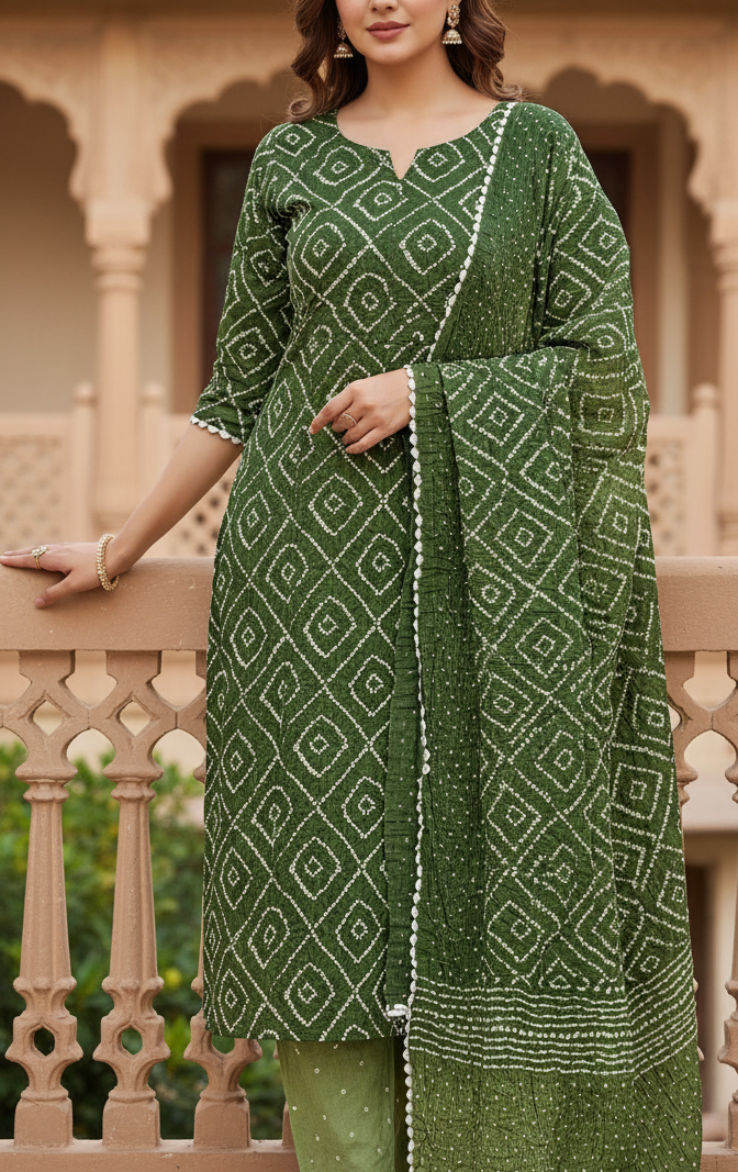 Women's Pure Cotton Rajasthani Bandhani unstitched dress material with dupatta (Olive Green)