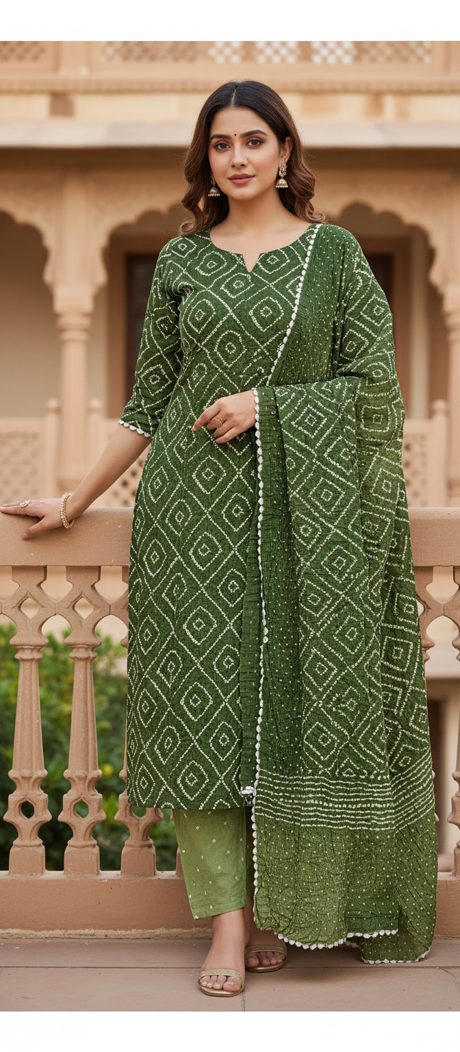 Women's Pure Cotton Rajasthani Bandhani unstitched dress material with dupatta (Olive Green)