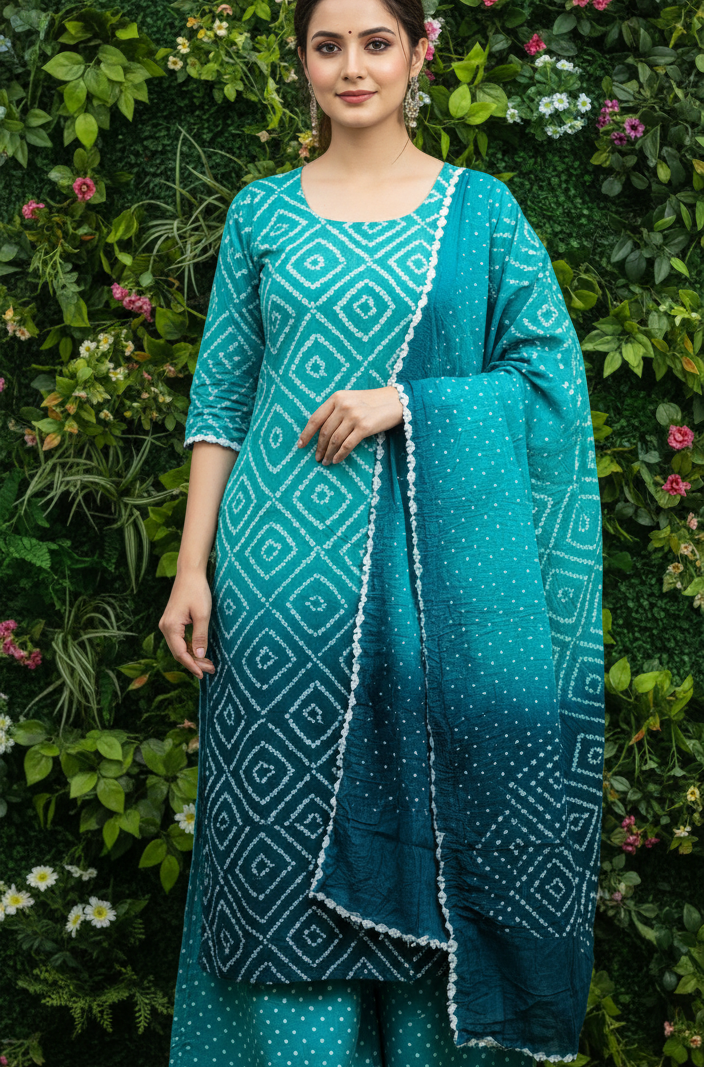Women's Pure Cotton Rajasthani Bandhani unstitched dress material with dupatta (Forest Green)