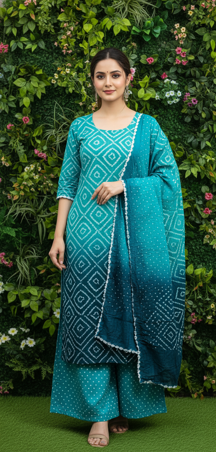 Women's Pure Cotton Rajasthani Bandhani unstitched dress material with dupatta (Forest Green)