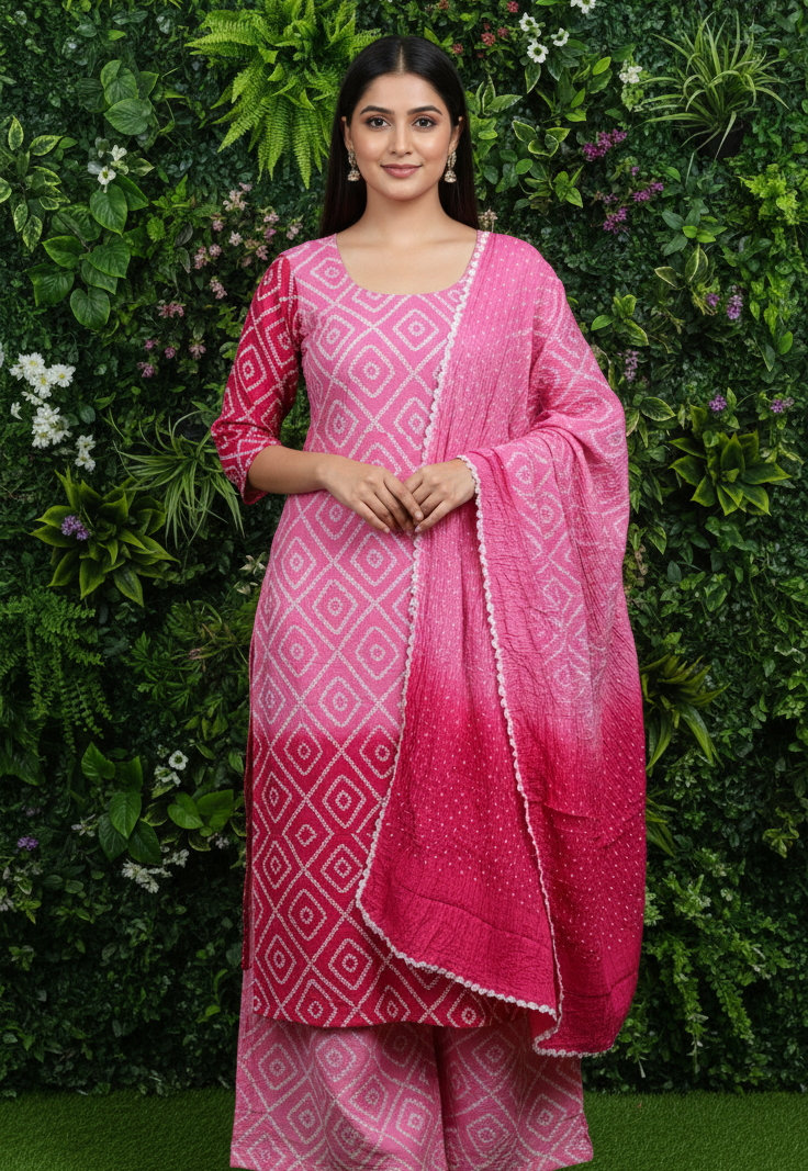Women's Pure Cotton Rajasthani Bandhani unstitched dress material with dupatta (Pink)