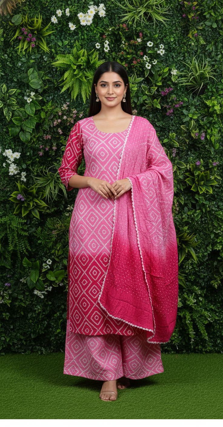 Women's Pure Cotton Rajasthani Bandhani unstitched dress material with dupatta (Pink)