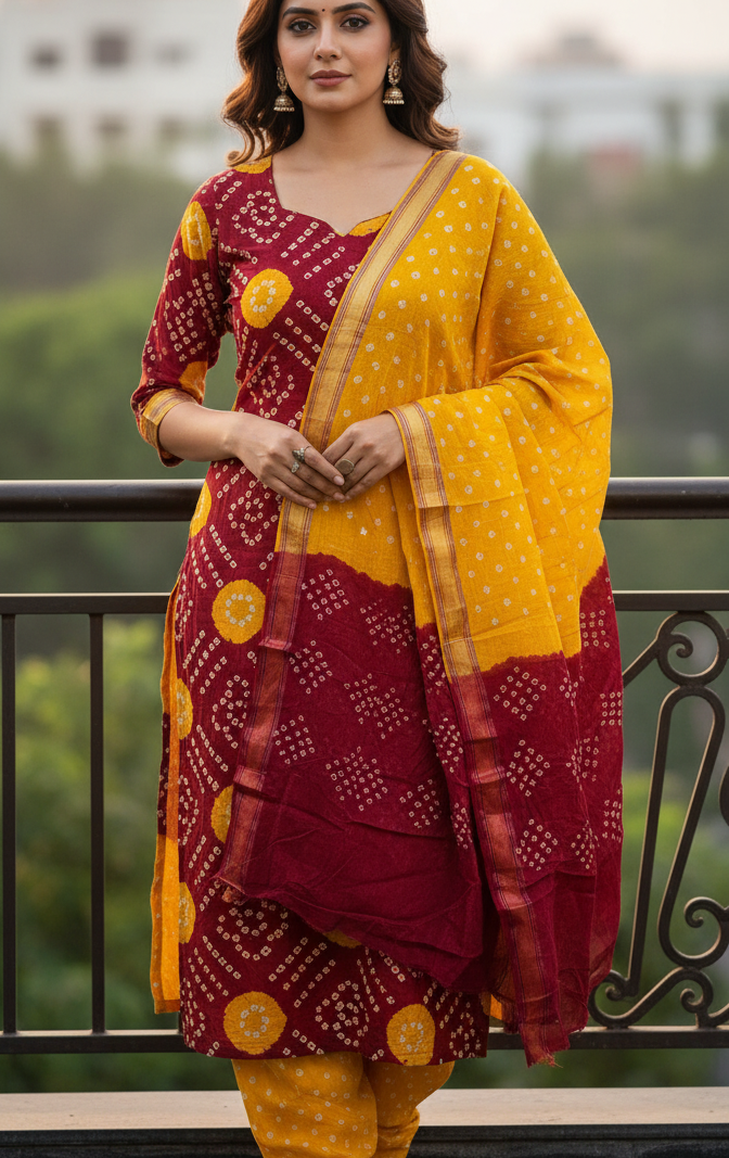 Women's Pure Cotton Rajasthani Bandhani unstitched dress material with dupatta (Red and Yellow)