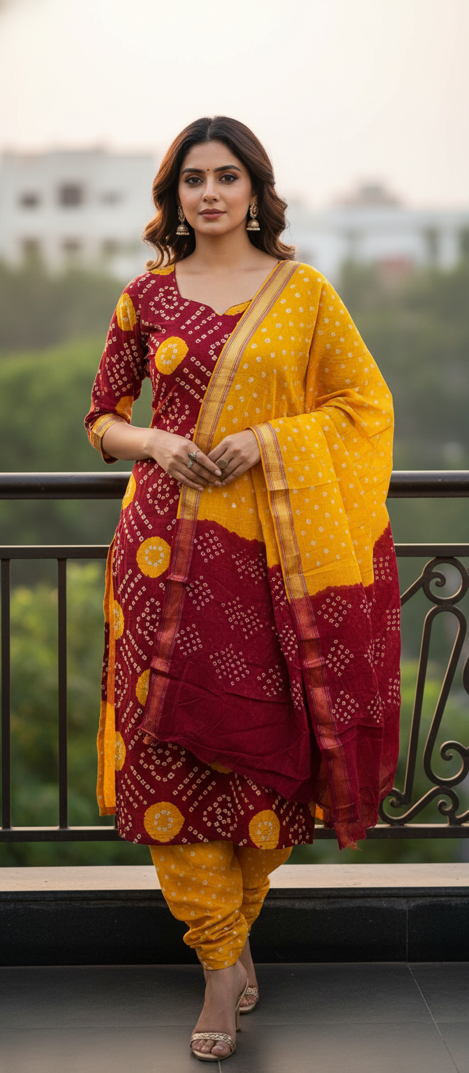 Women's Pure Cotton Rajasthani Bandhani unstitched dress material with dupatta (Red and Yellow)