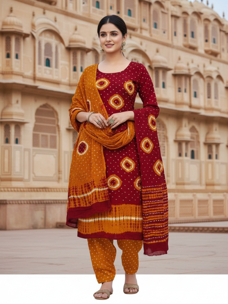 Women's Pure Cotton Rajasthani Bandhani unstitched dress material with dupatta (Maroon and Mustard)