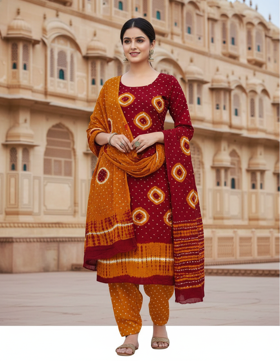Women's Pure Cotton Rajasthani Bandhani unstitched dress material with dupatta (Maroon and Mustard)
