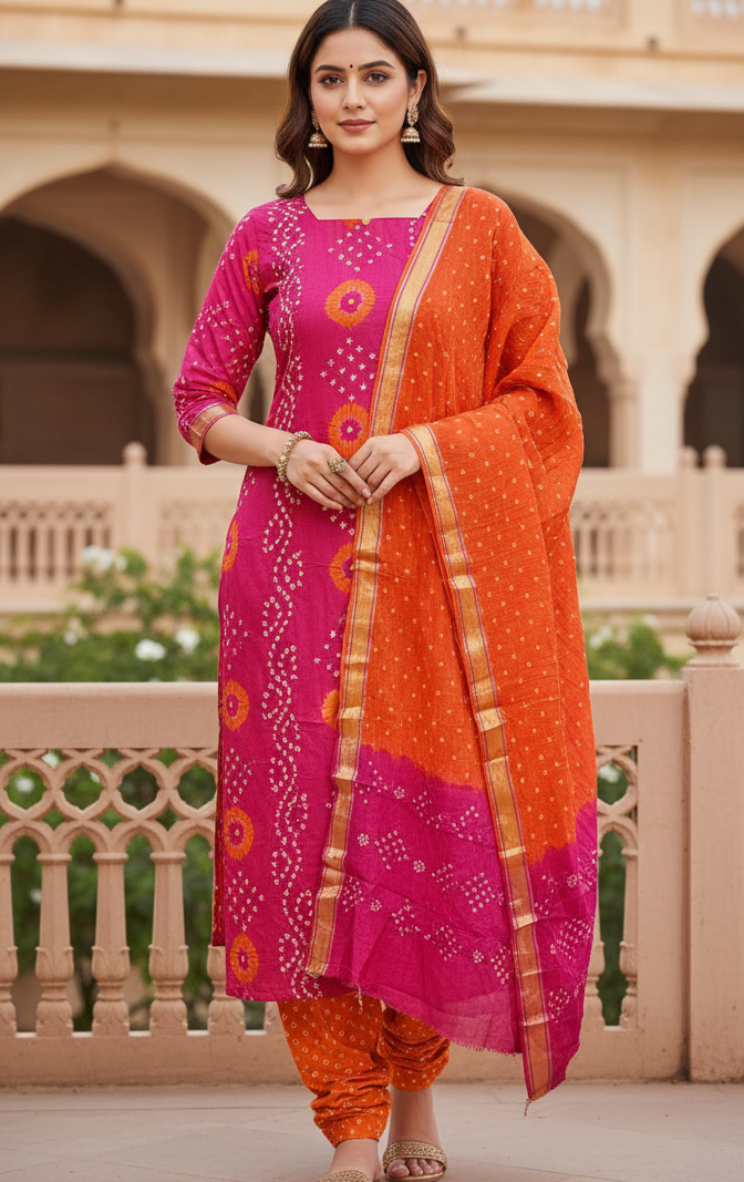 Women's Pure Cotton Rajasthani Bandhani unstitched dress material with dupatta (Rani and Orange)