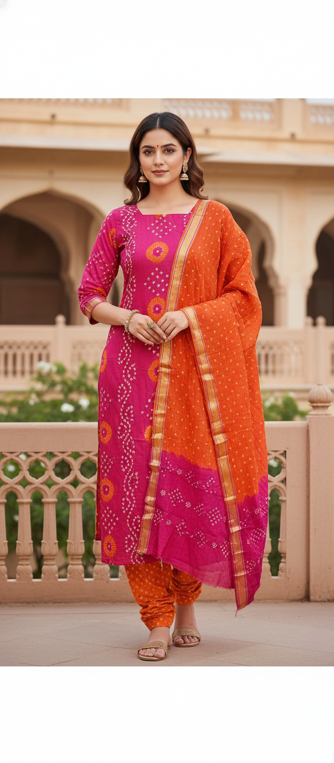 Women's Pure Cotton Rajasthani Bandhani unstitched dress material with dupatta (Rani and Orange)
