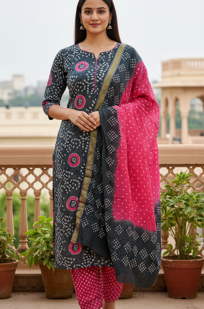 Women's Pure Cotton Rajasthani Bandhani unstitched dress material with dupatta (Grey and Pink)