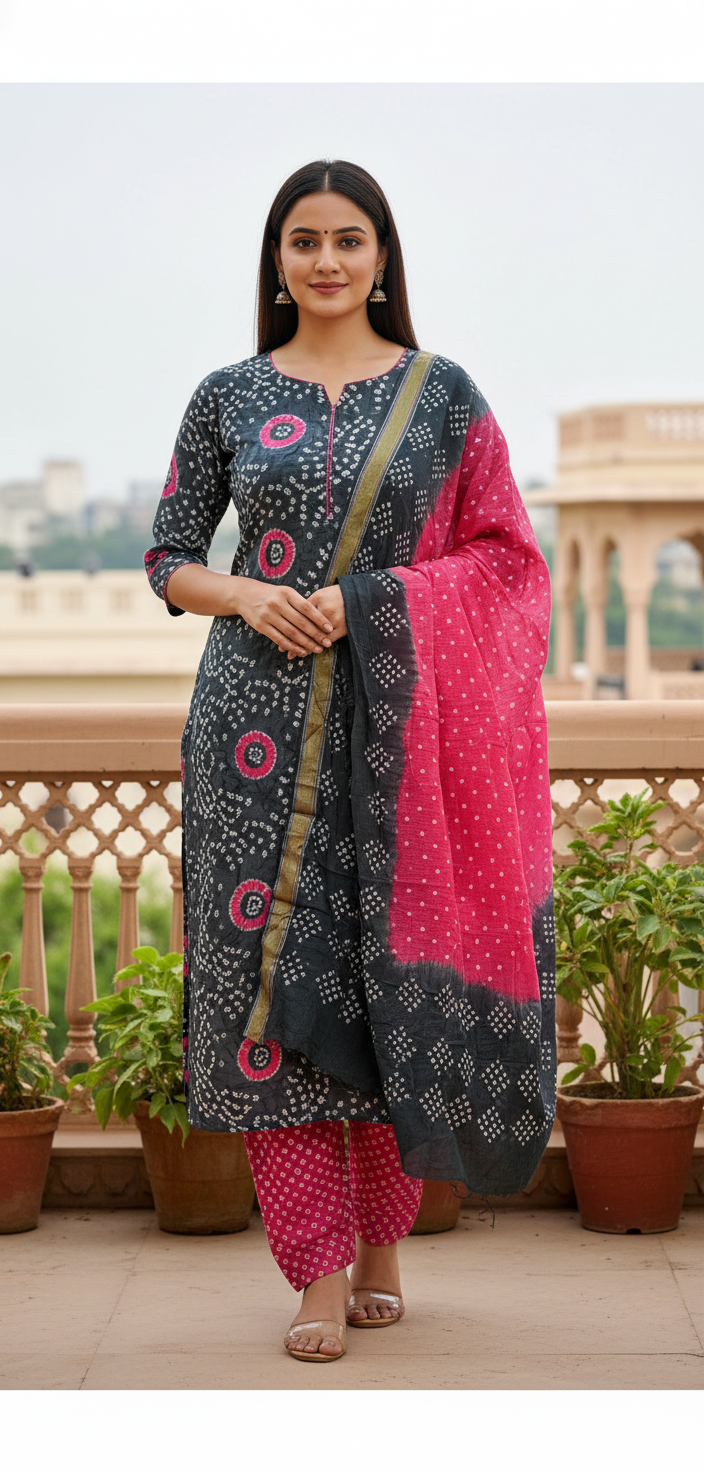 Women's Pure Cotton Rajasthani Bandhani unstitched dress material with dupatta (Grey and Pink)
