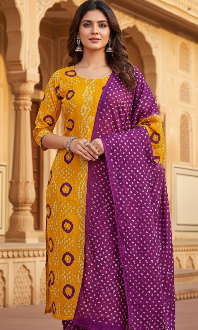 Women's Pure Cotton Rajasthani Bandhani unstitched dress material with dupatta (Yellow and Purple)