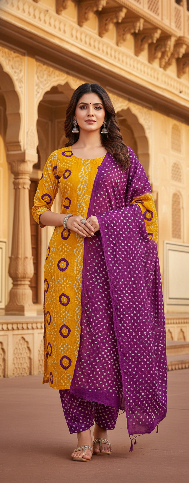 Women's Pure Cotton Rajasthani Bandhani unstitched dress material with dupatta (Yellow and Purple)