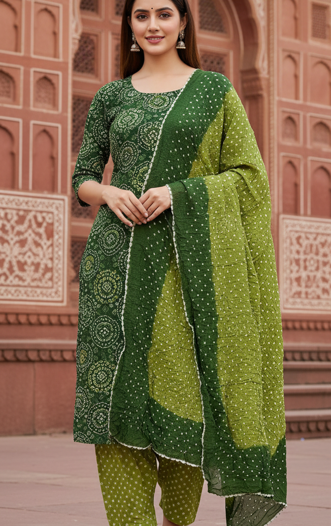 Women's Pure Cotton Rajasthani Bandhani unstitched dress material with dupatta (Green)