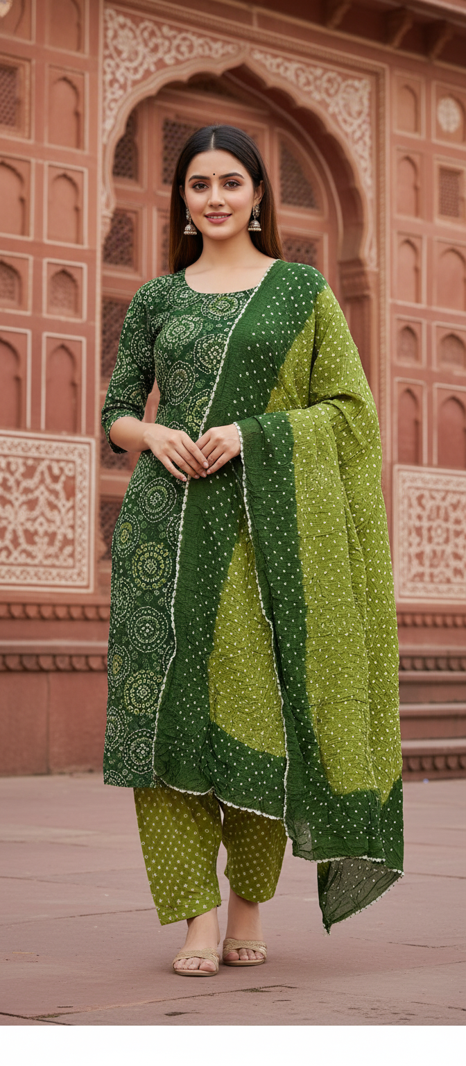 Women's Pure Cotton Rajasthani Bandhani unstitched dress material with dupatta (Green)