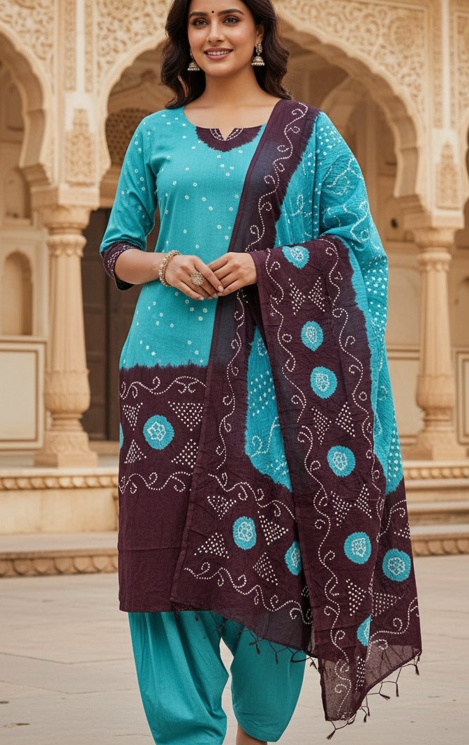 Women's Pure Cotton Rajasthani Bandhani unstitched dress material with dupatta (Aqua)